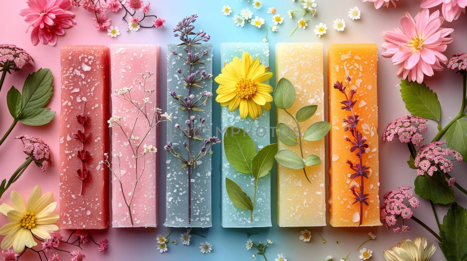 Colorful flowers on pieces of soap. Environmental background design.