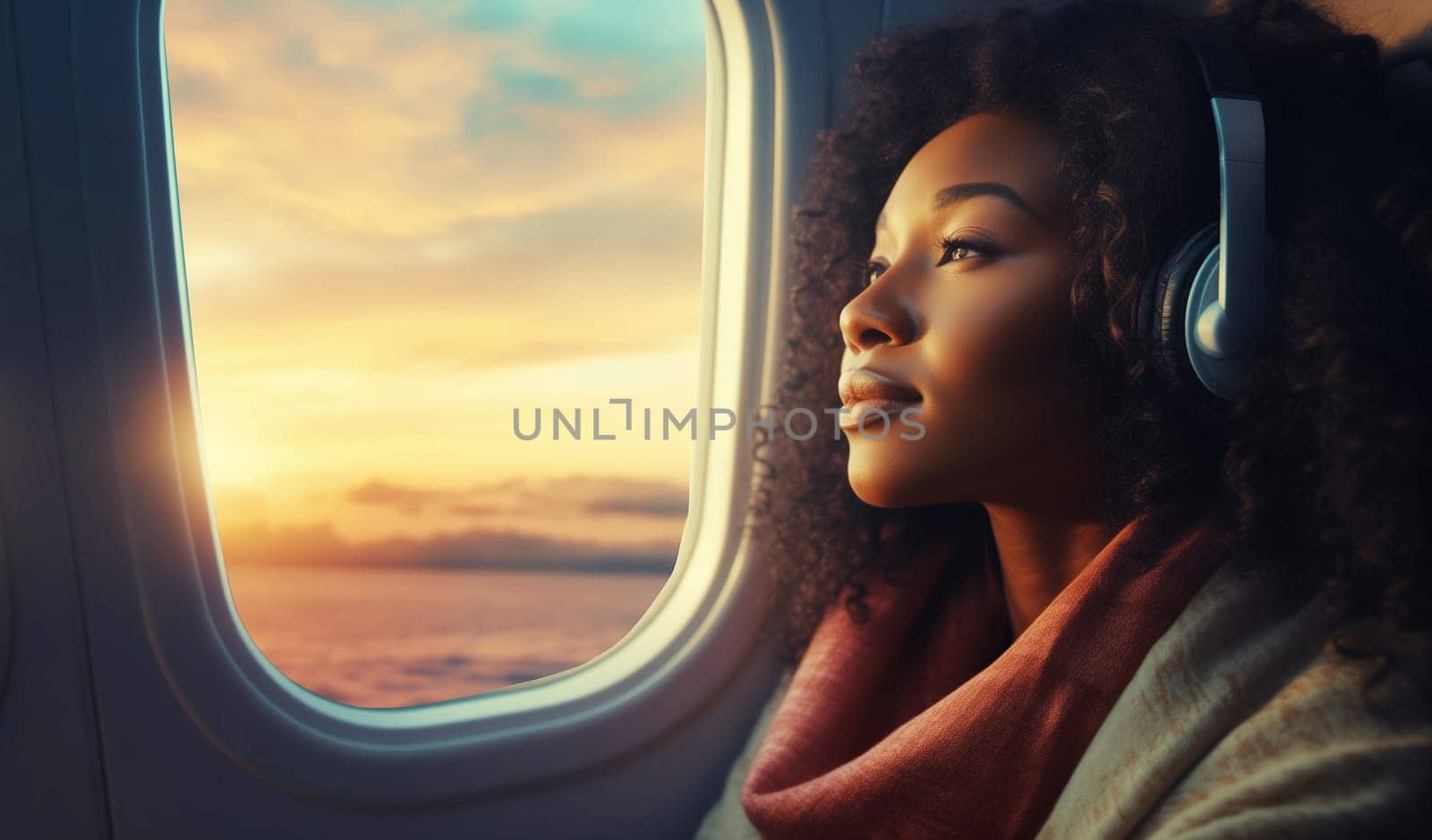 Happy smiling young woman passenger listening to music with headphones sits in a seat on an airplane near the window during the flight