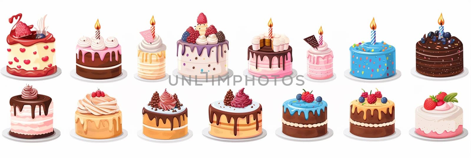 Several cakes with lit candles on top.