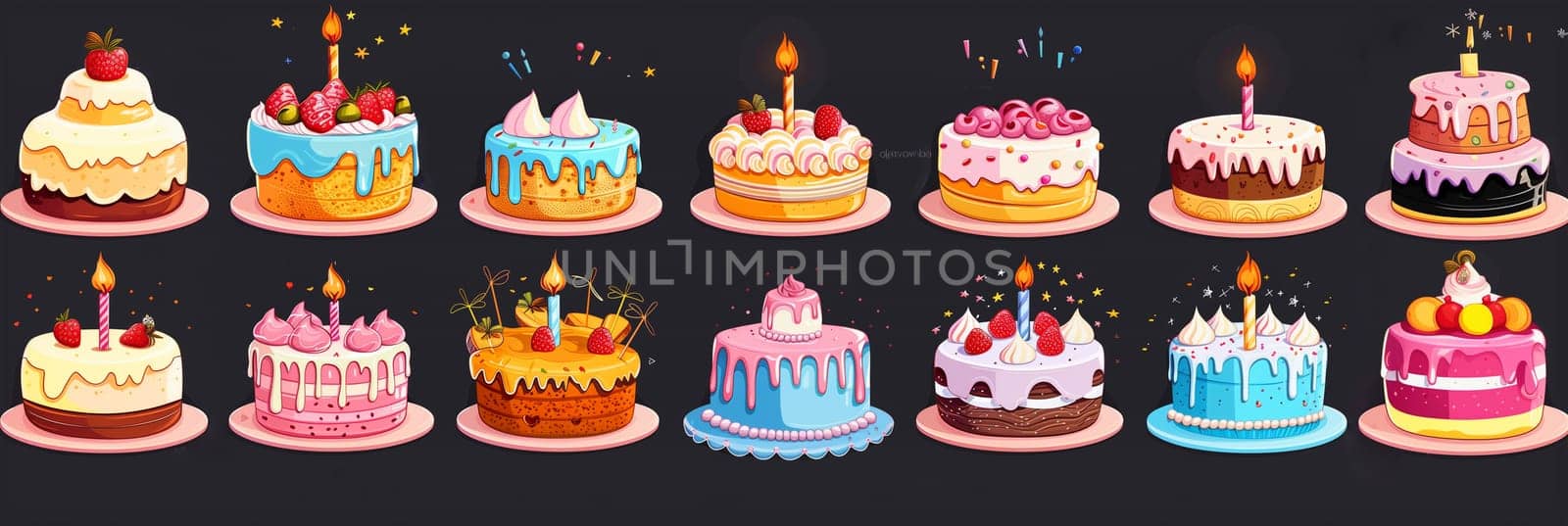 Multiple birthday cakes placed together adorned with glowing candles.