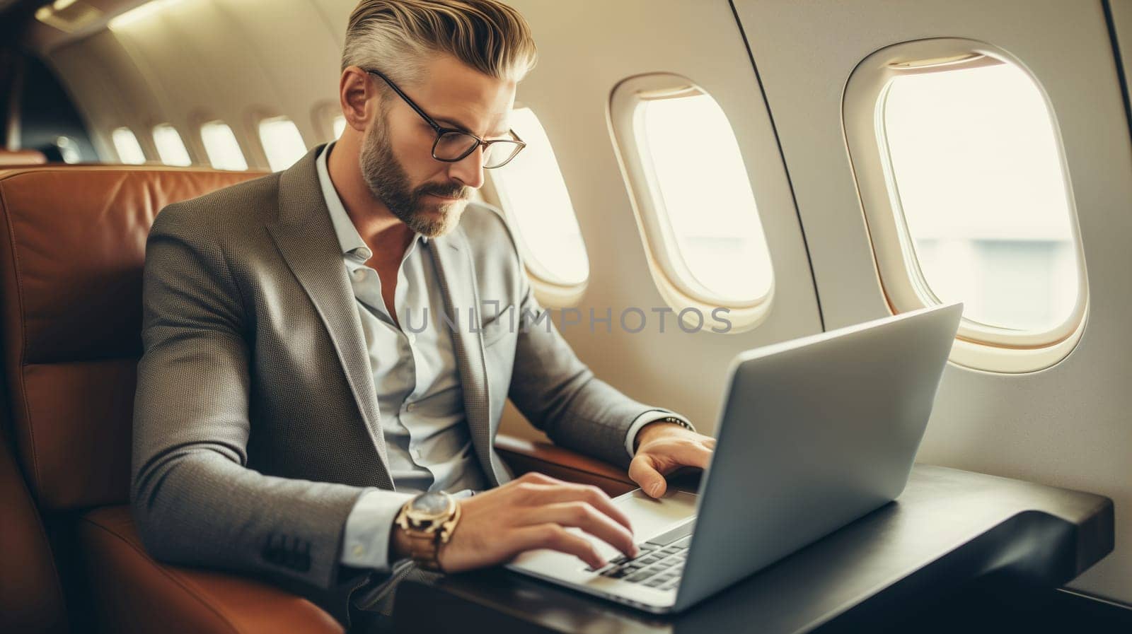 Confident mature businessman passenger, man working with laptop on an airplane while sits in a seat business class cabin