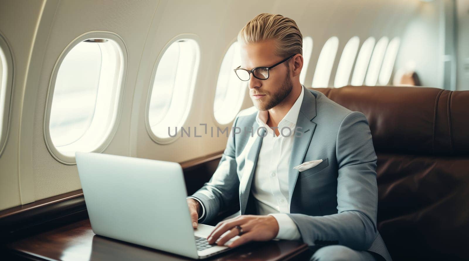 Confident young businessman passenger, man working with laptop on an airplane while sits in a seat business class cabin