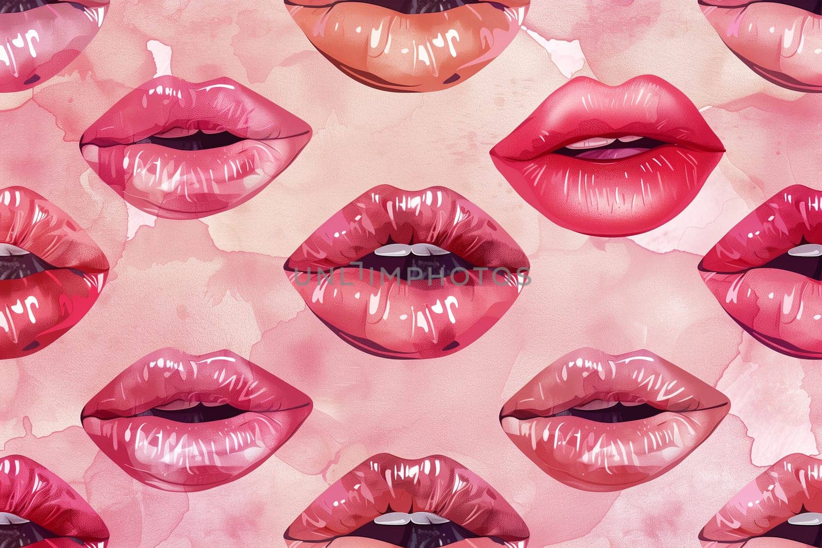 Multiple pink and red lips placed closely together on a pink background, creating a vibrant and colorful visual.