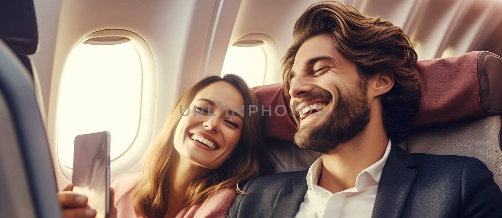 Portrait of happy laughing young couple passengers taking selfie together sits in a seat on an airplane enjoying flight