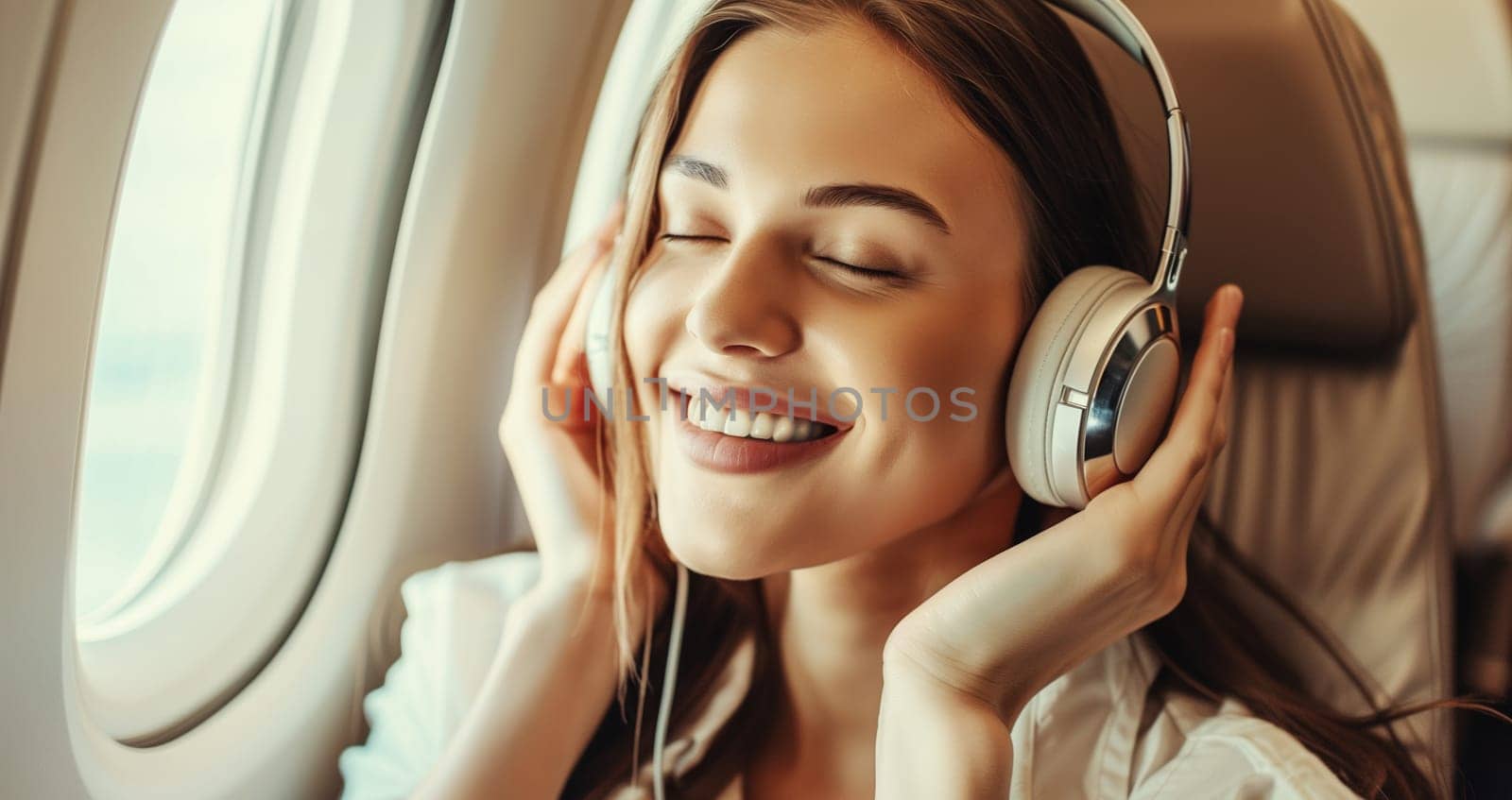 Happy smiling young woman passenger listening to music with headphones sits in a seat on an airplane near the window during the flight