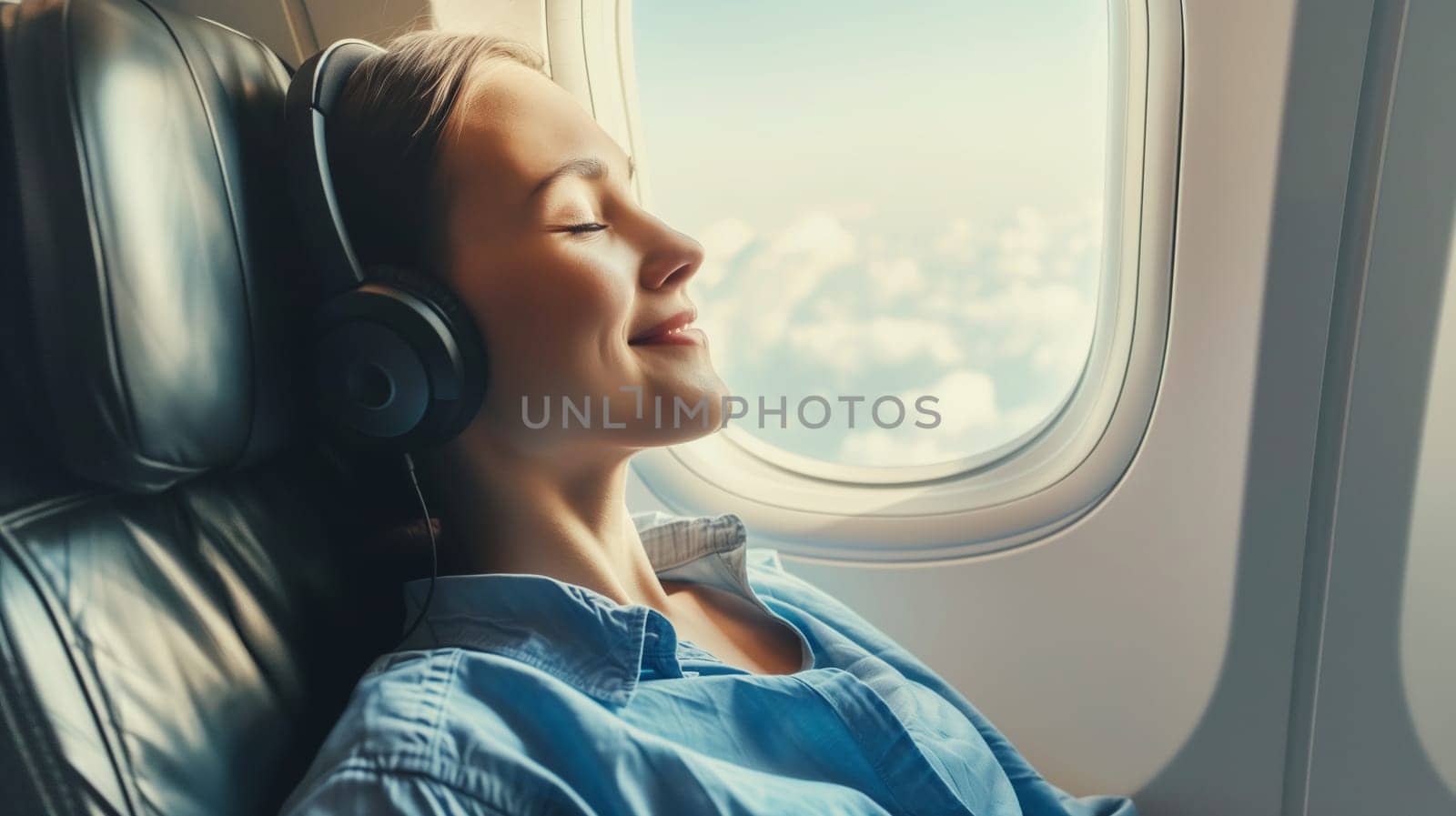 Happy smiling young woman passenger listening to music with headphones sits in a seat on an airplane near the window during the flight