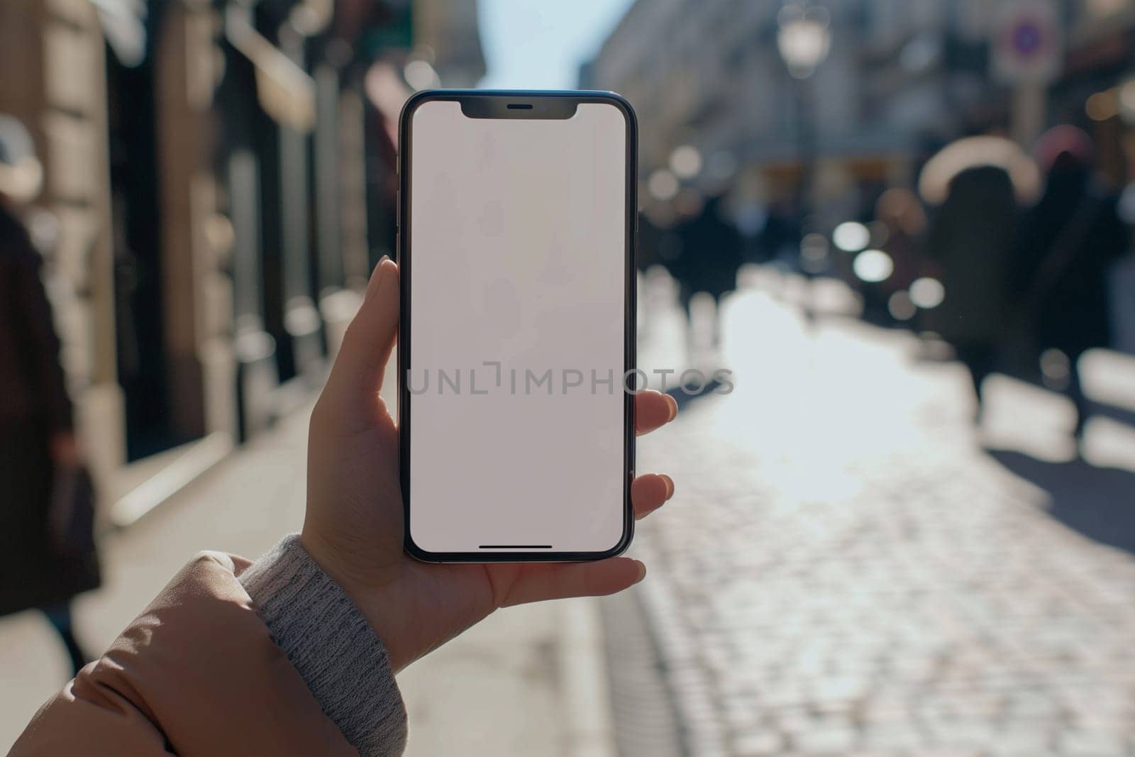 A woman is standing on a street, holding an phone with a blank screen in her hand.