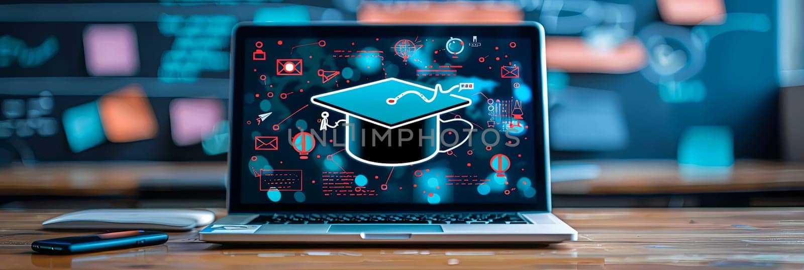 A laptop screen shows a virtual graduation cap symbolizing online education and personal development.