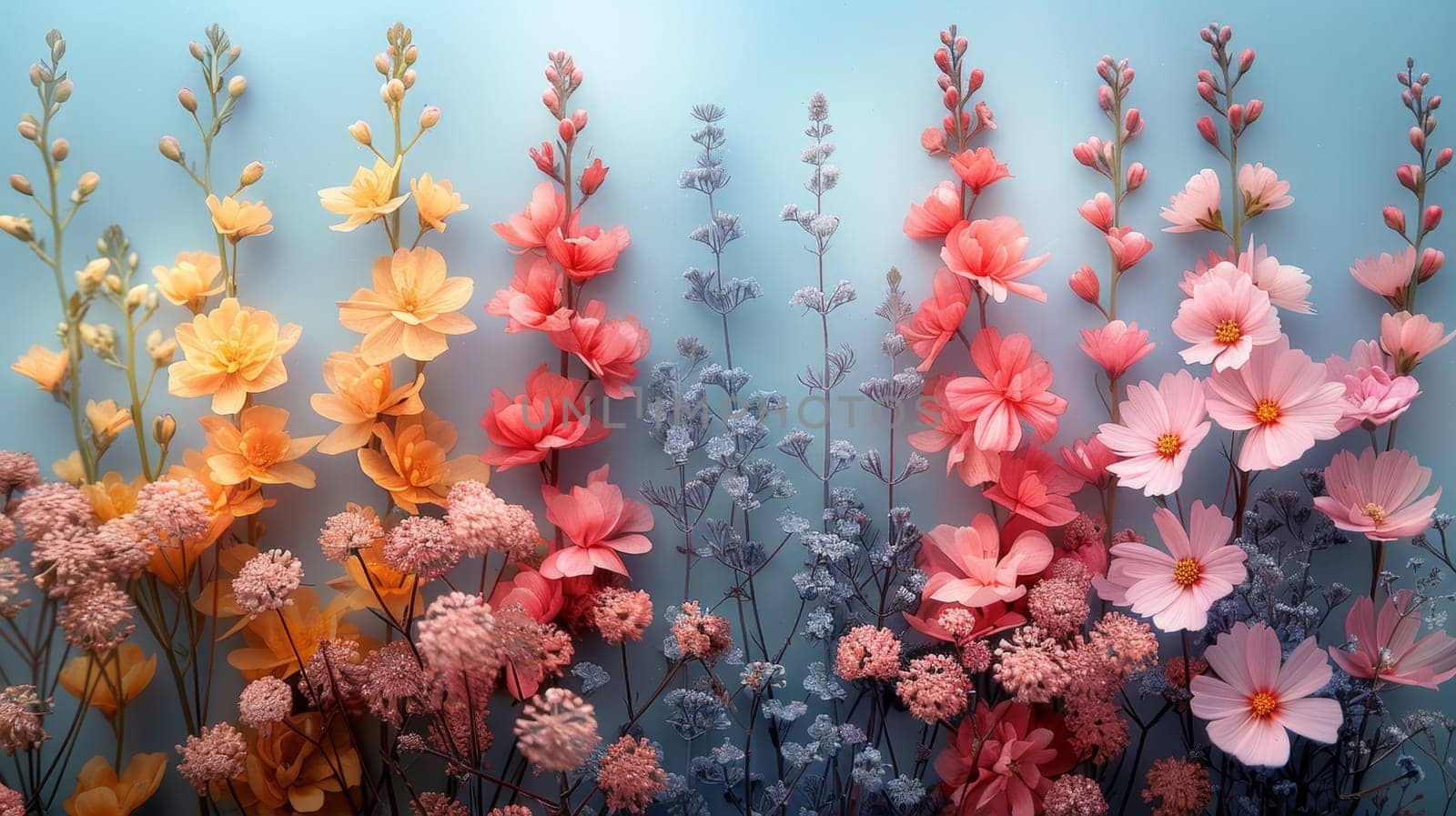 Multicolored flowers on a blue background. Environmental background design.