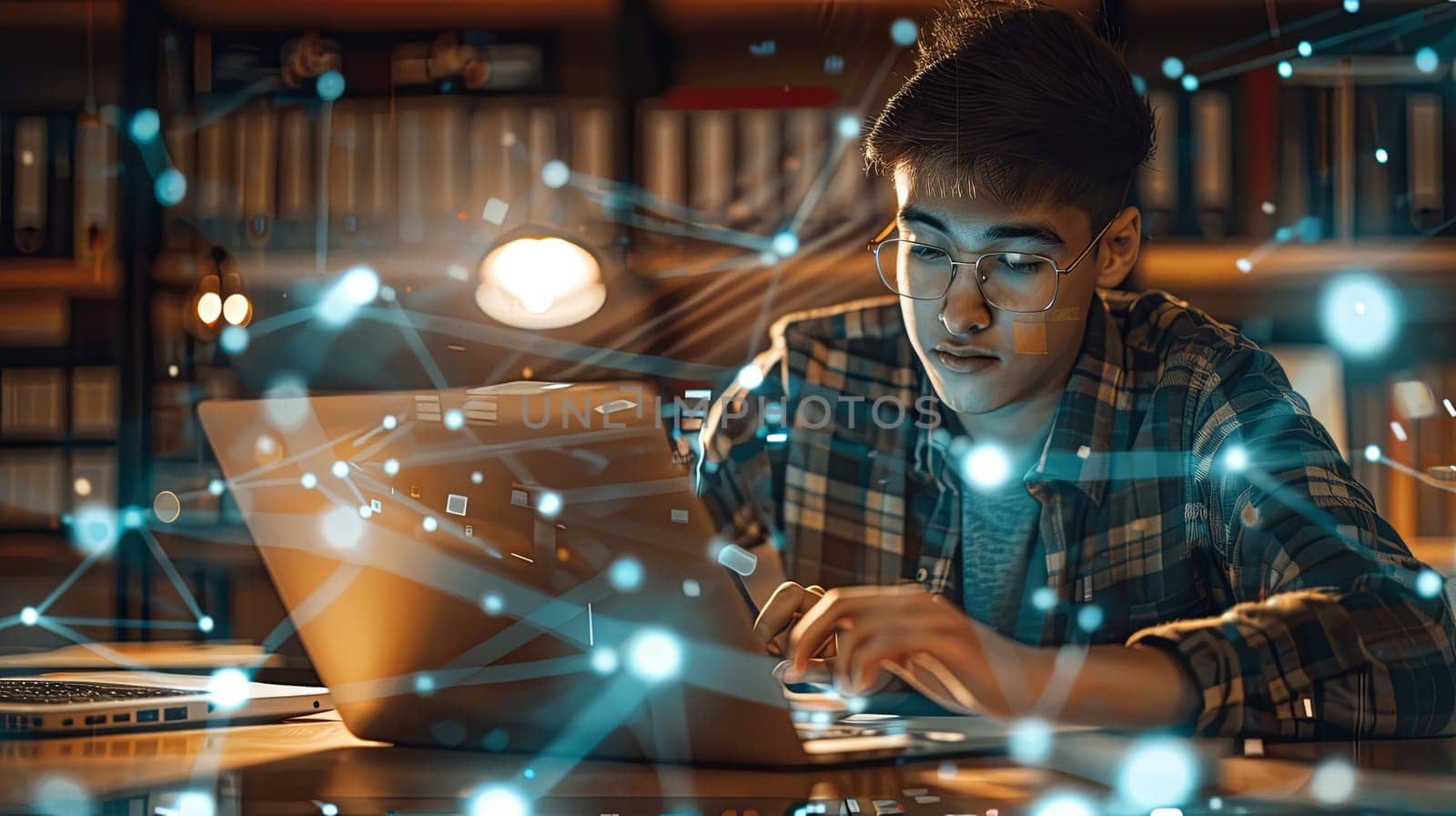 A man focused on his laptop screen, sitting at a table while engaging in online education and distance learning. Concept of EdTech, e-learning, and personal development.