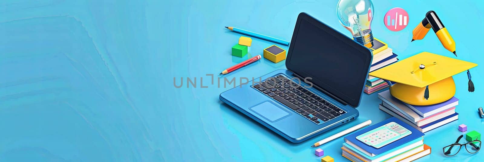 A laptop computer is placed on top of a stack of books, showcasing a concept of EdTech and online education for personal and professional development. Generative AI by AnatoliiFoto