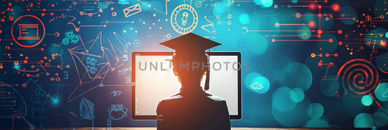 A graduation cap rests atop a computer screen, symbolizing online education and e-learning for personal and professional development.