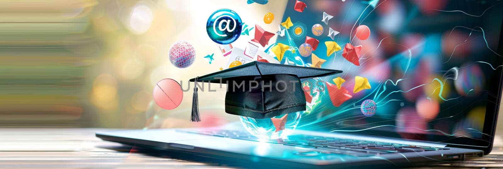 A laptop with a graduation cap placed on top, symbolizing achievement and success in online education and e-learning.