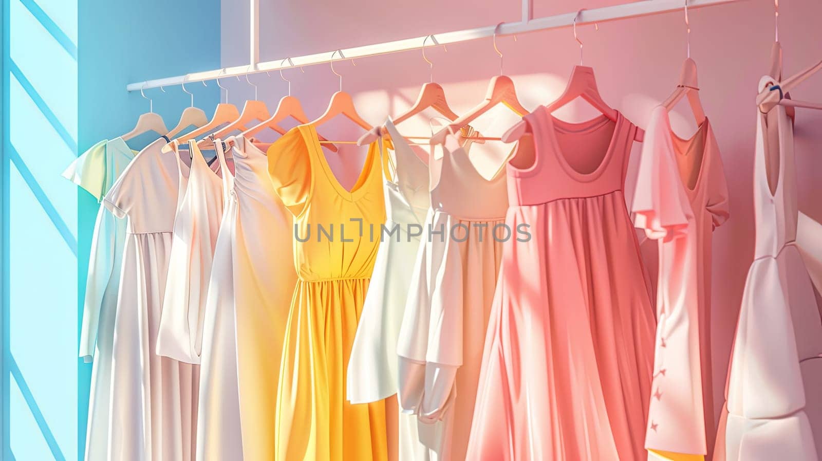 A collection of dresses and shirts displayed on hangers in a fashion designers showroom. Generative AI by AnatoliiFoto
