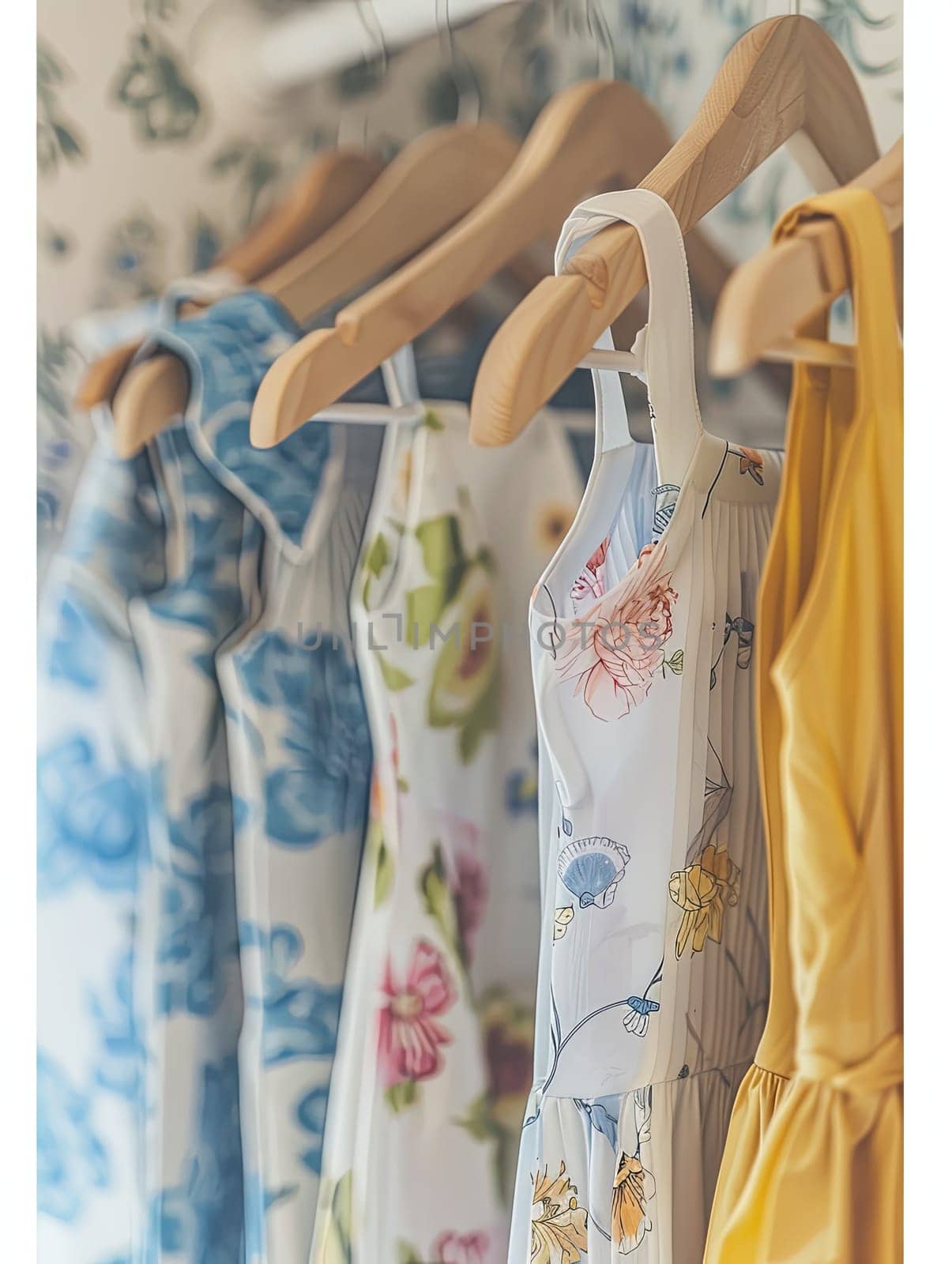 Fashionable summer dresses and shirts neatly arranged on hangers in a womens clothing showroom. Generative AI by AnatoliiFoto