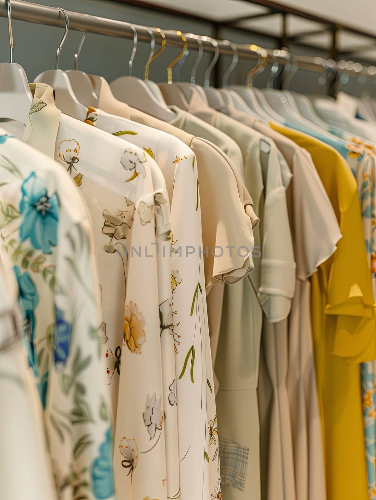 Several shirts neatly displayed on a rack in a fashion showroom. Generative AI by AnatoliiFoto