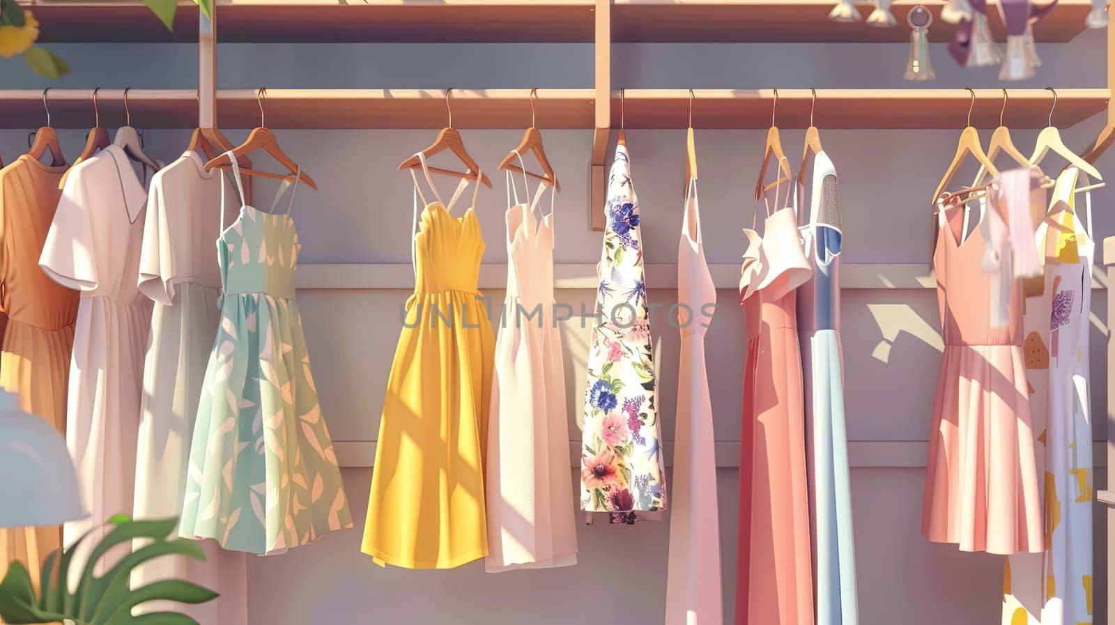 Collection of fashionable womens dresses and shirts hanging neatly on a rack in a summer closet setting. Generative AI by AnatoliiFoto