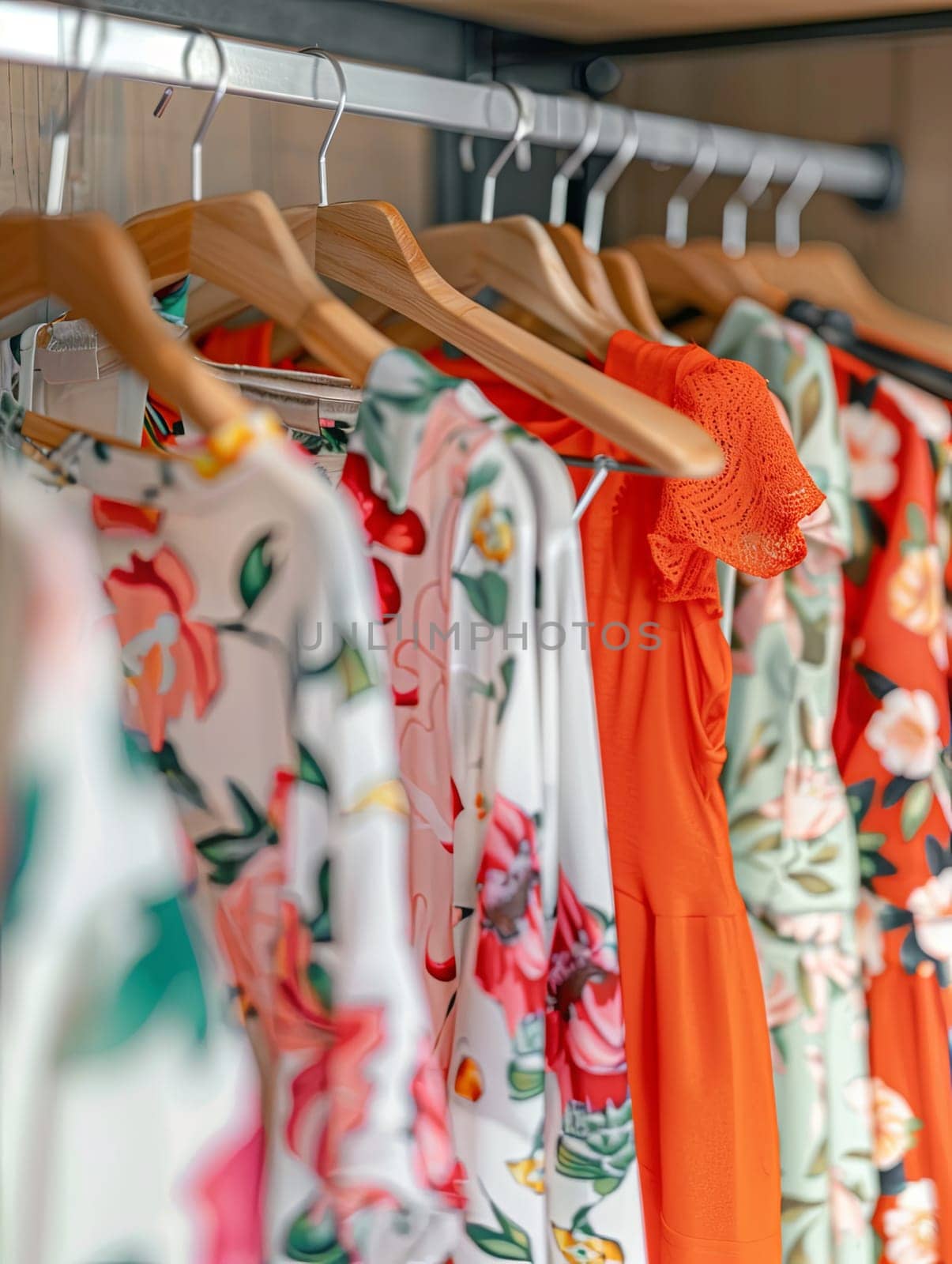 A variety of shirts hanging neatly on a rack in a fashionable womens closet. Represents a creative concept of a clothing showroom or designer store.