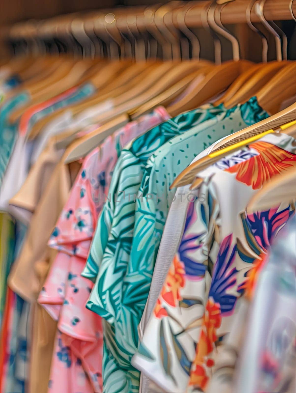 Fashionable womens closet wallpaper with a row of summer dresses and shirts hanging on racks.