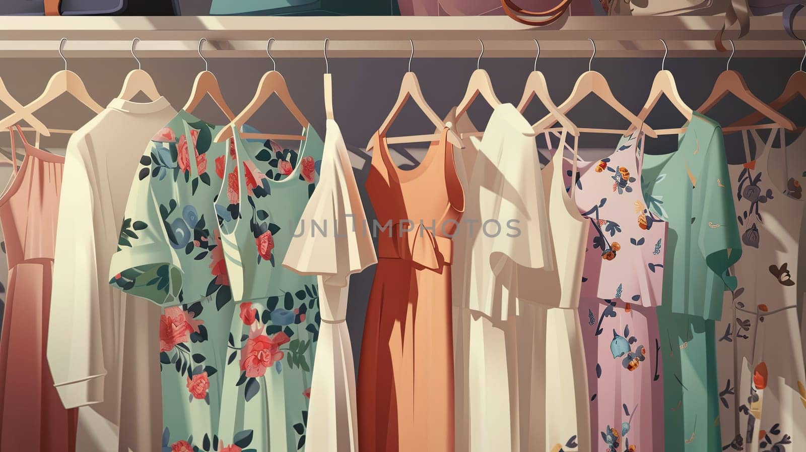 Various dresses of different styles and colors hanging on a rack in a fashion store. Generative AI by AnatoliiFoto