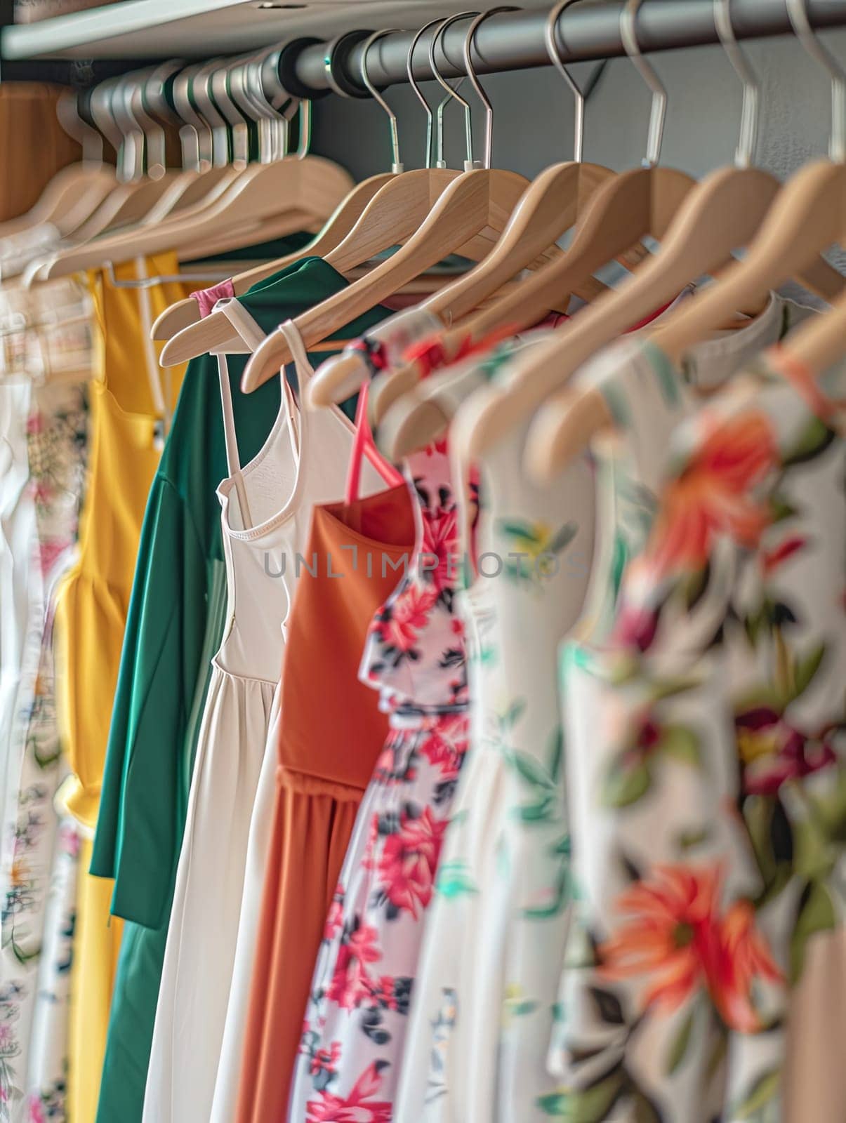 Display of various dresses and shirts hanging on a rack in a womens clothing store for summer.