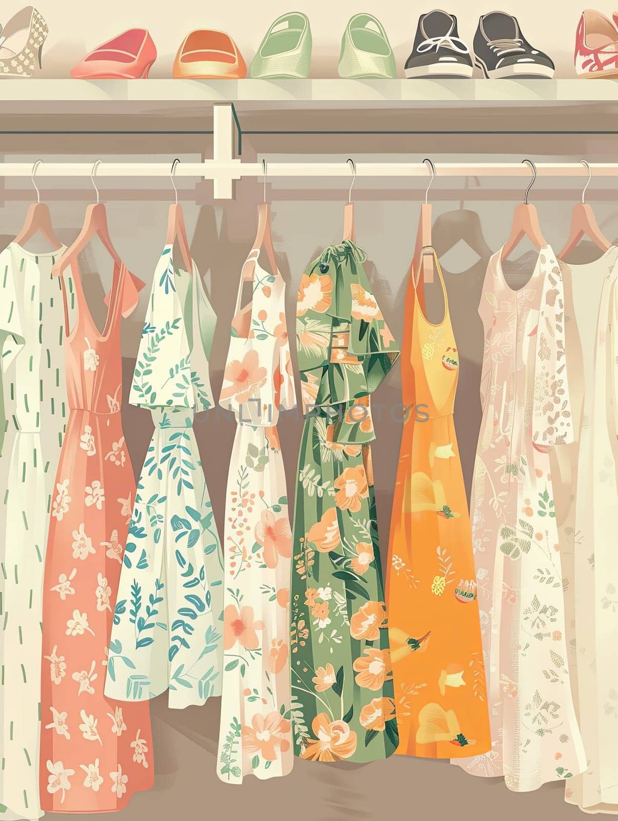 A collection of fashionable womens dresses and shirts hanging neatly on a rack in a summer closet.
