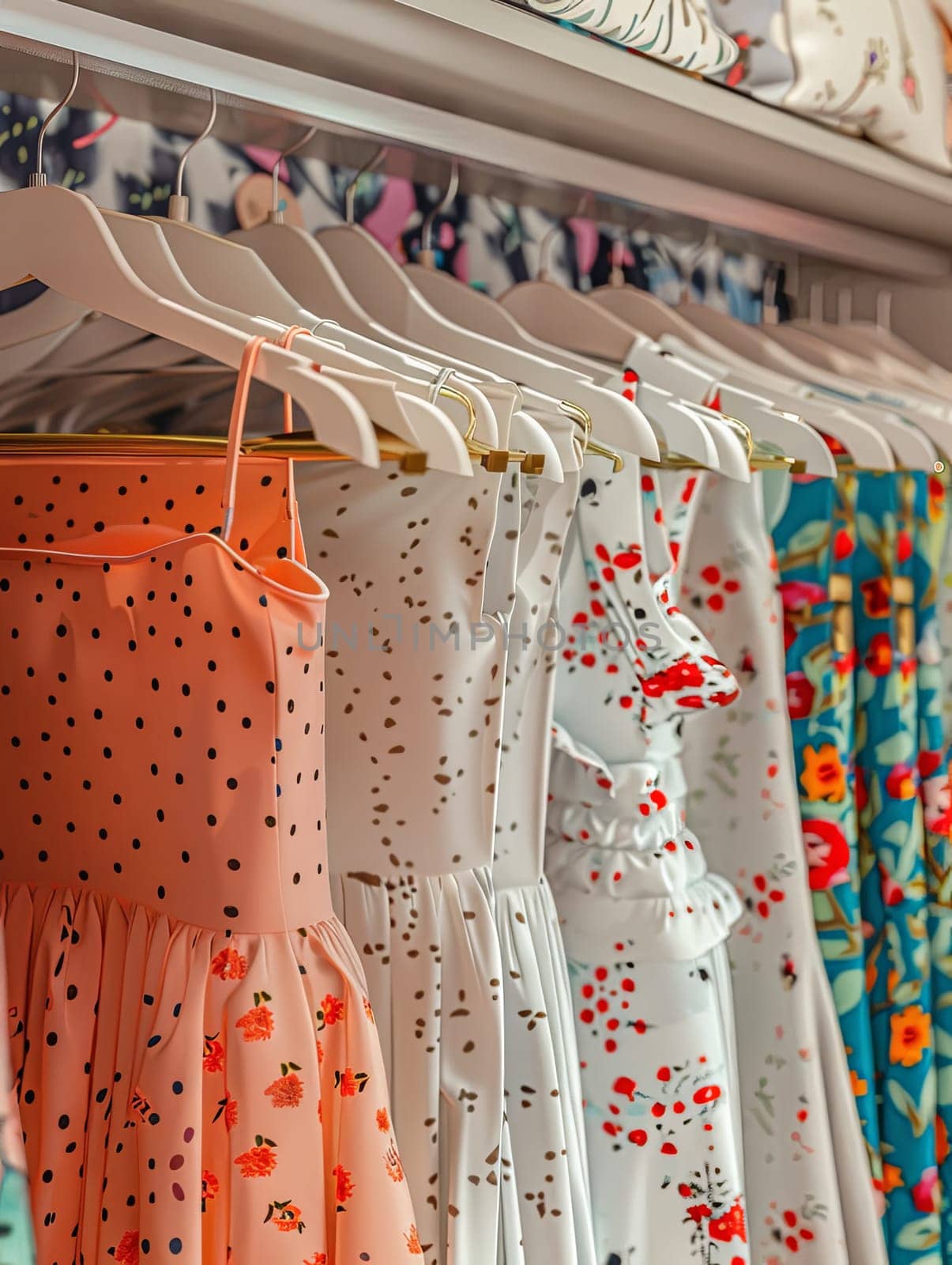 Collection of fashionable womens dresses and shirts hanging on a rack in a summer closet.