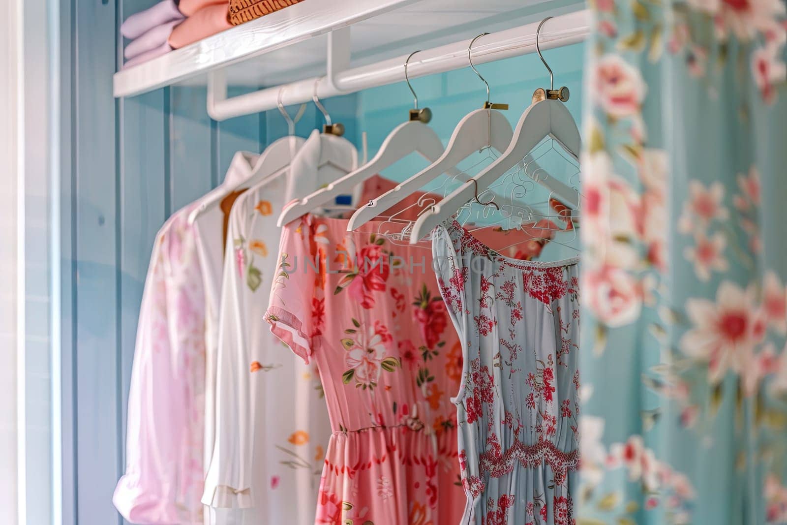 Various dresses and shirts displayed on hangers on a rack, creating a fashionable and creative concept for a womens clothing showroom. Generative AI by AnatoliiFoto