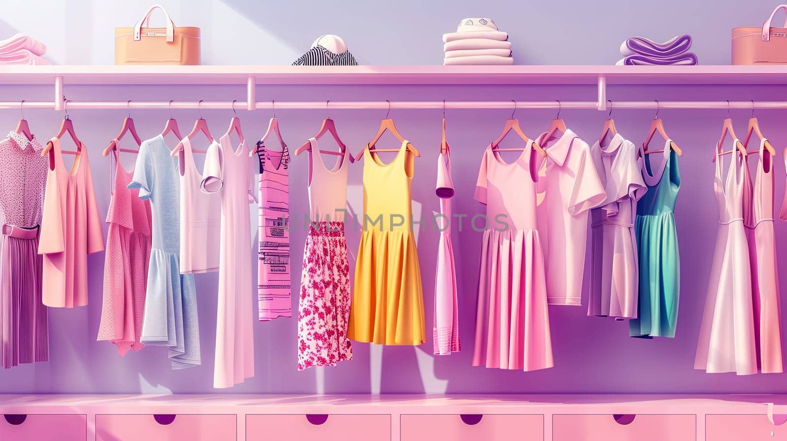 Various dresses neatly hung on a clothing rack in a trendy womens closet. Summer collection with a mix of dresses and shirts showcased. Generative AI by AnatoliiFoto