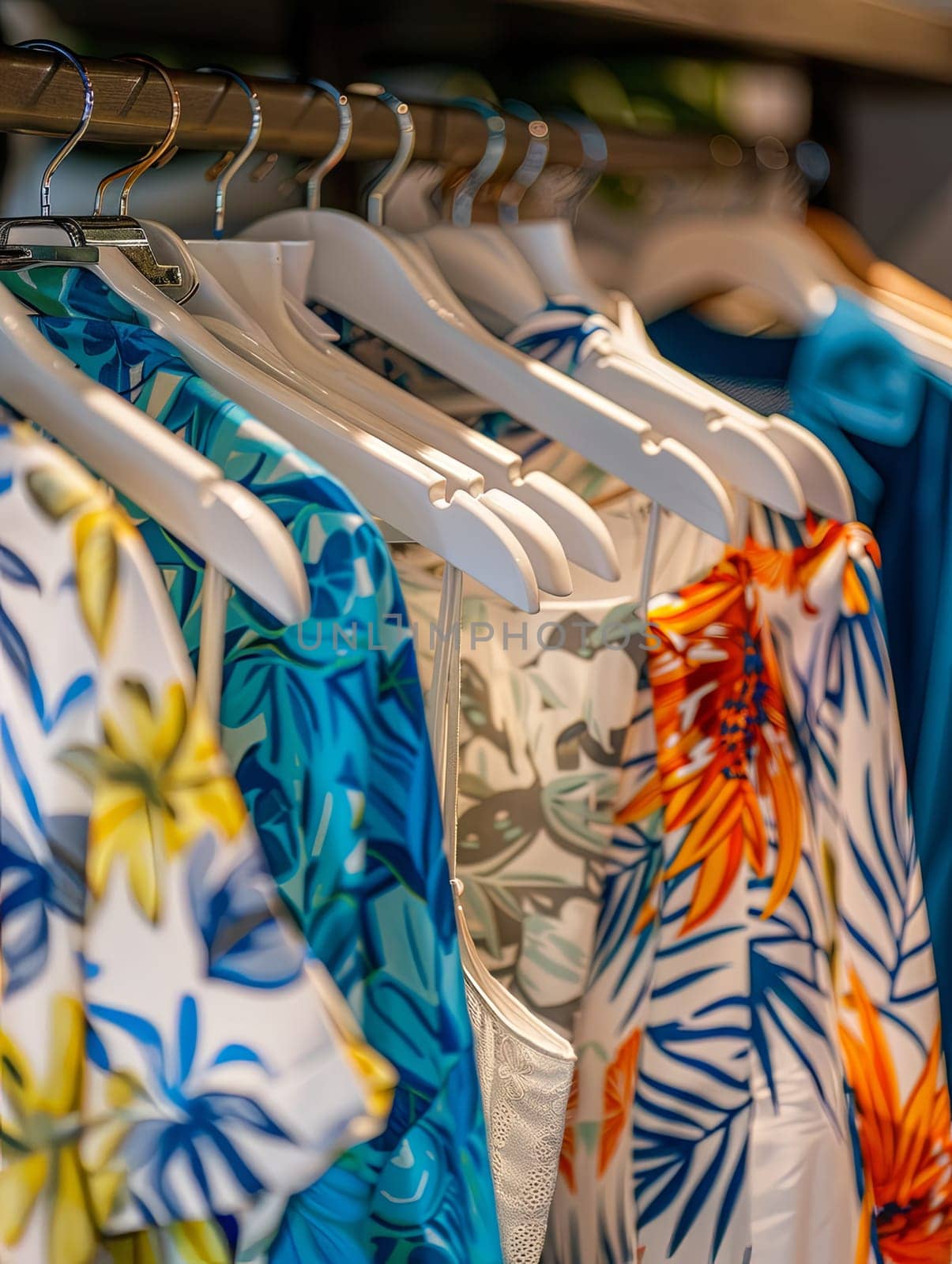 Colorful shirts neatly hung on a rack in a fashionable womens closet showroom. Generative AI by AnatoliiFoto