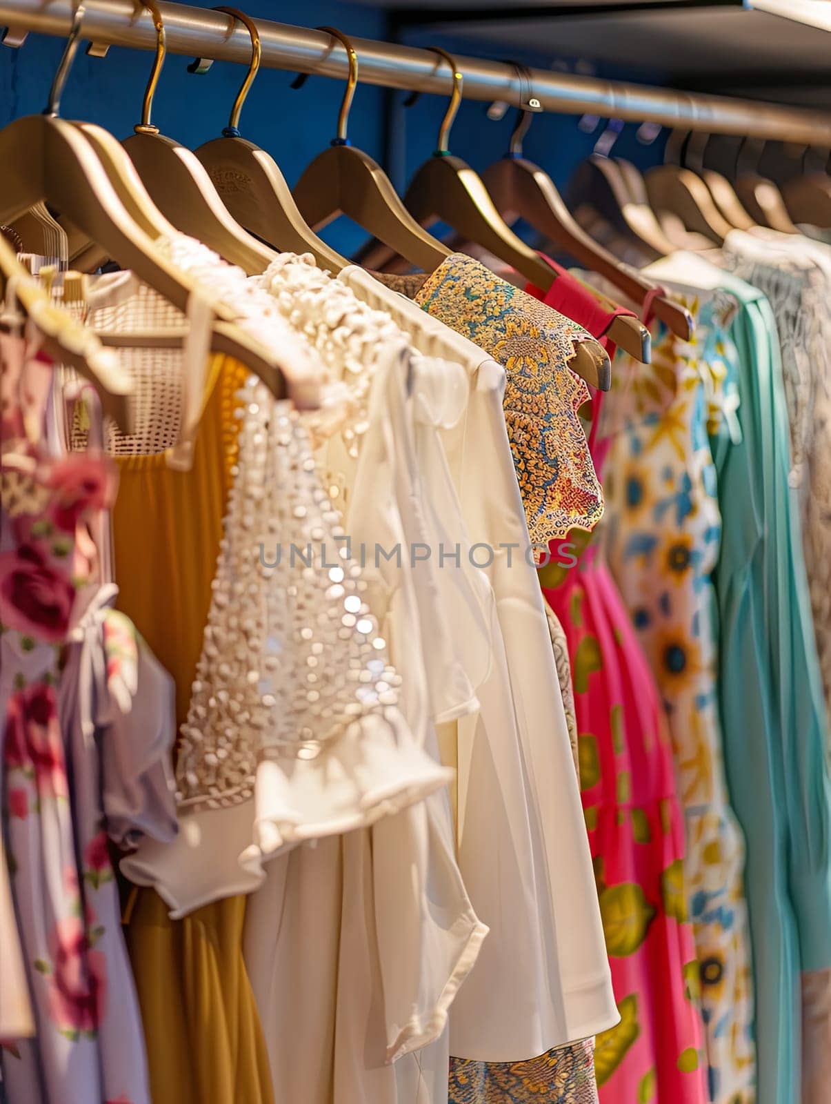 Rack filled with summer dresses and shirts neatly placed on hangers in a fashionable womens clothing showroom.