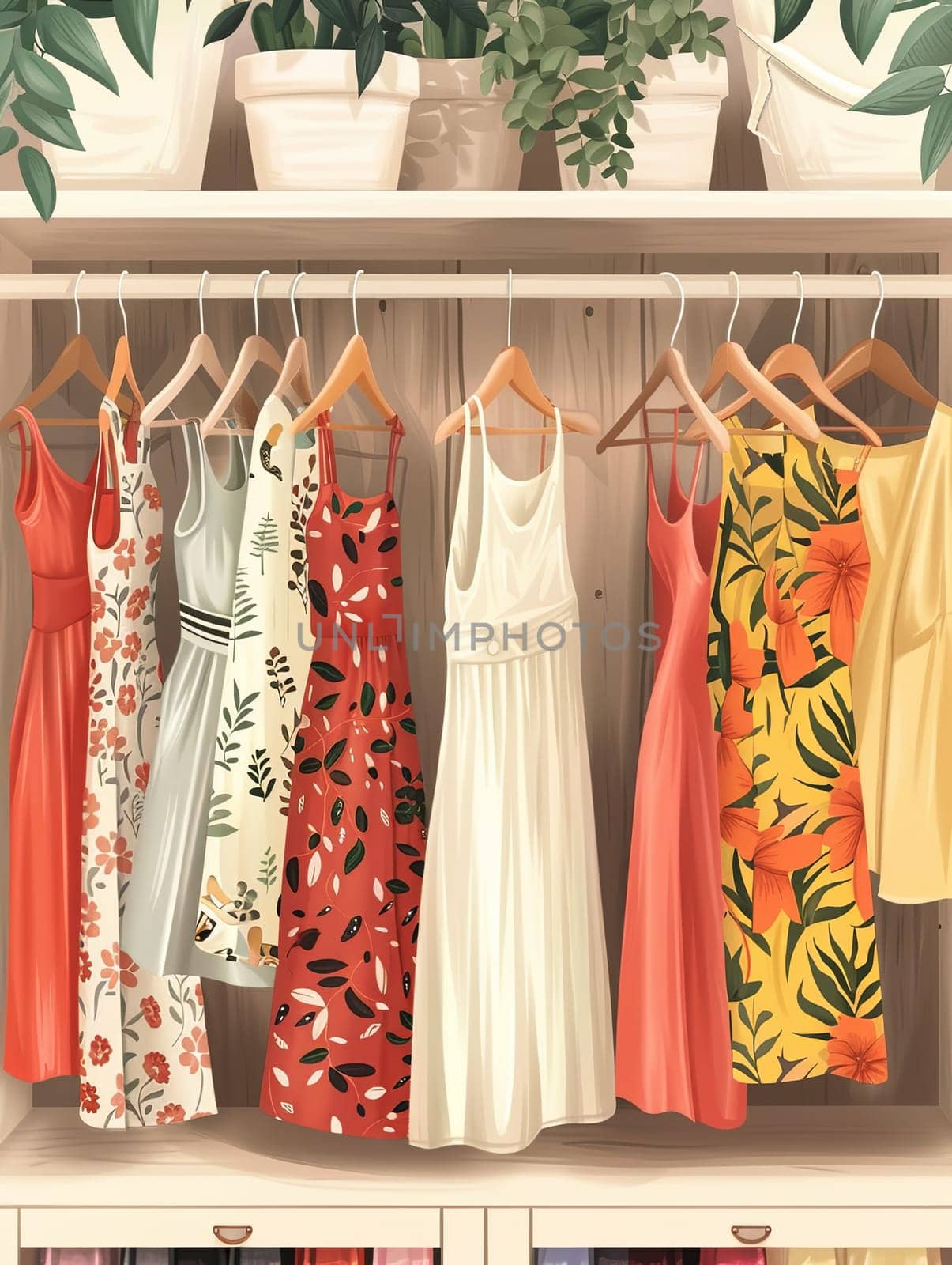 Collection of stylish dresses hanging on a rack in a trendy womenswear showroom.