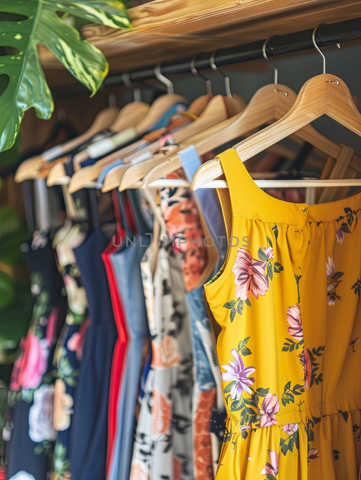 Display of fashionable womens clothing including summer dresses and shirts on hangers in a creative concept of a clothing showroom. Generative AI by AnatoliiFoto