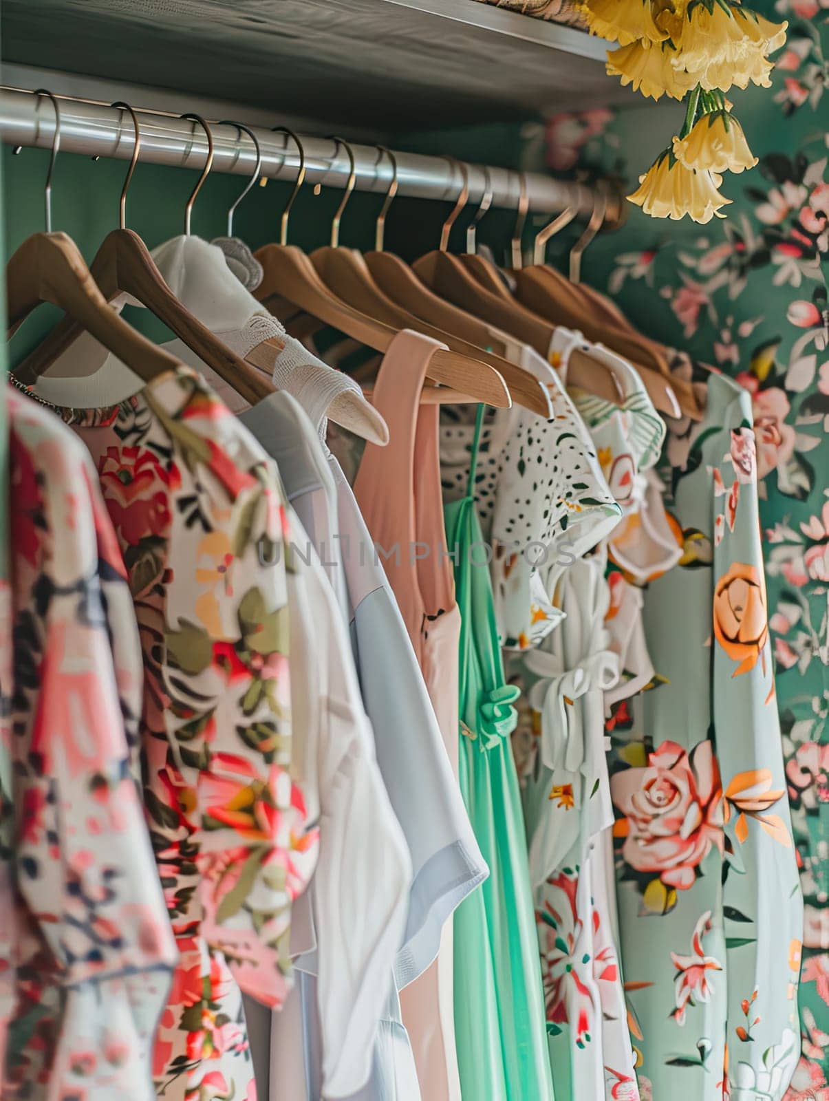 Summer closet with dresses and shirts hanging on racks in a creative womens clothing showroom.