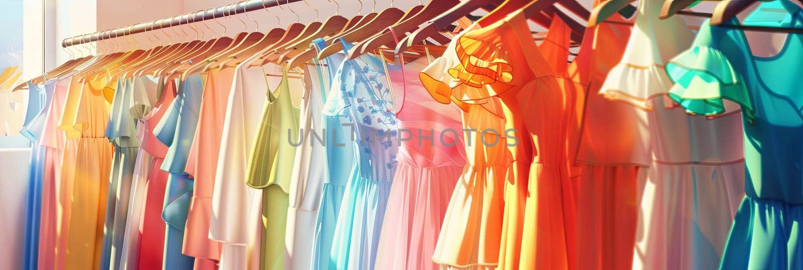 Row of vibrant dresses displayed on hangers in a fashion store. Generative AI by AnatoliiFoto