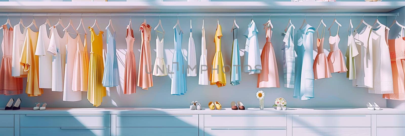 A room filled with fashionable womens summer dresses and shirts hanging on racks.