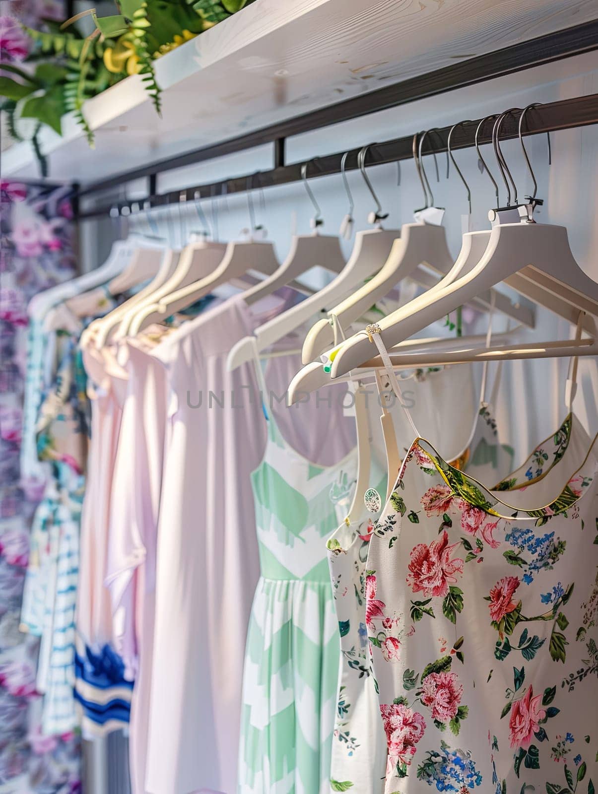 Various stylish dresses and shirts neatly arranged and hanging on a rack in a fashionable womens closet. Creative concept of a clothing showroom.