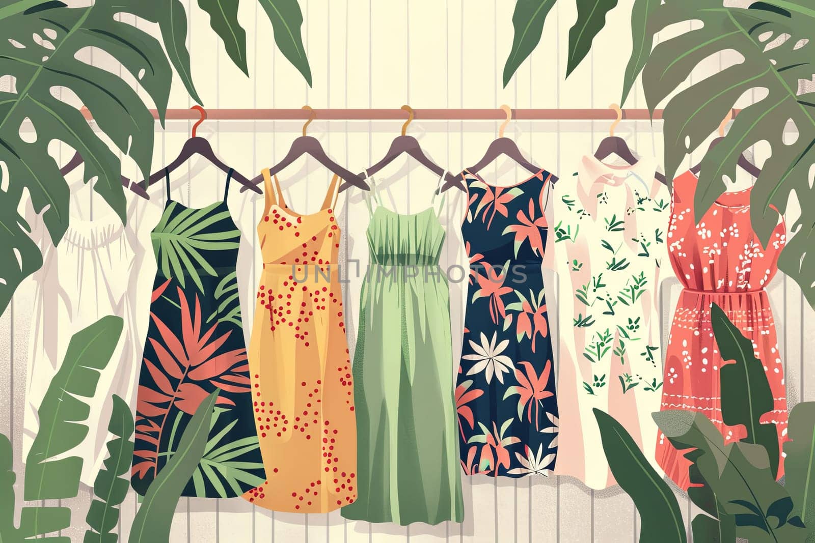 Collection of dresses hanging on a clothes line, resembling a fashionable womens closet wallpaper. Creative concept for a designer dress store. Generative AI by AnatoliiFoto