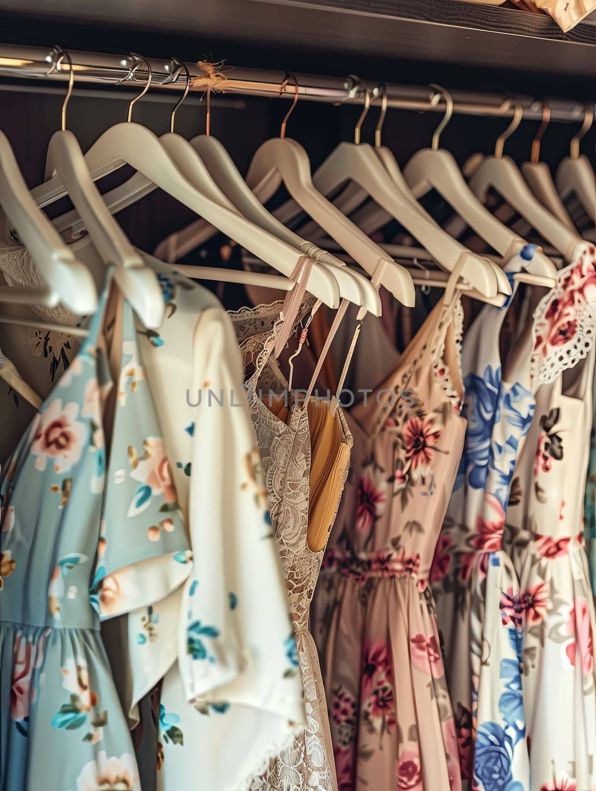 Various dresses and shirts displayed on hangers in a summer closet, reflecting a creative concept of a womens clothing showroom or designer dresses store.