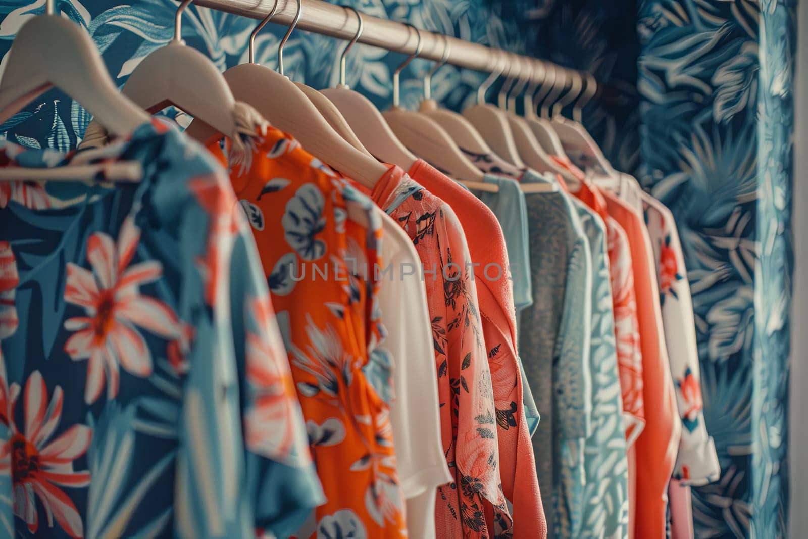 Collection of vibrant shirts hanging on a wall in a fashionable womens closet. Creative concept for a designer clothing showroom. Generative AI by AnatoliiFoto