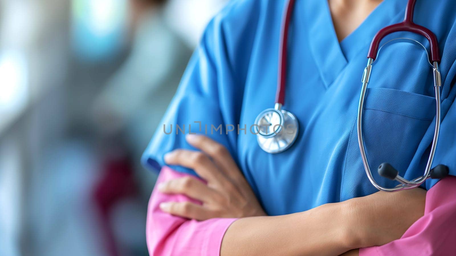 A close-up of a healthcare workers torso, dressed in blue scrubs and a stethoscope draped around the neck, standing with arms crossed - Generative AI