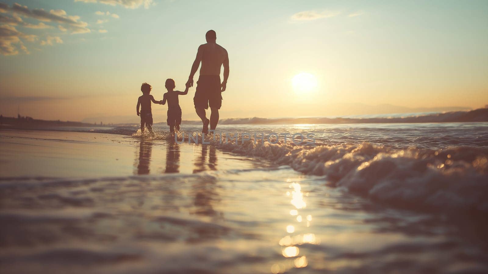 A family is taking a leisurely walk by the sea, holding hands with the setting sun casting a warm glow across the tranquil waters and sandy beach - Generative AI