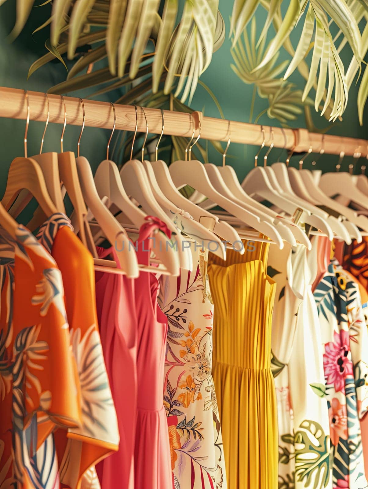Colorful dresses and shirts hanging on racks in a summer closet, reflecting a creative concept of a designer clothing showroom.