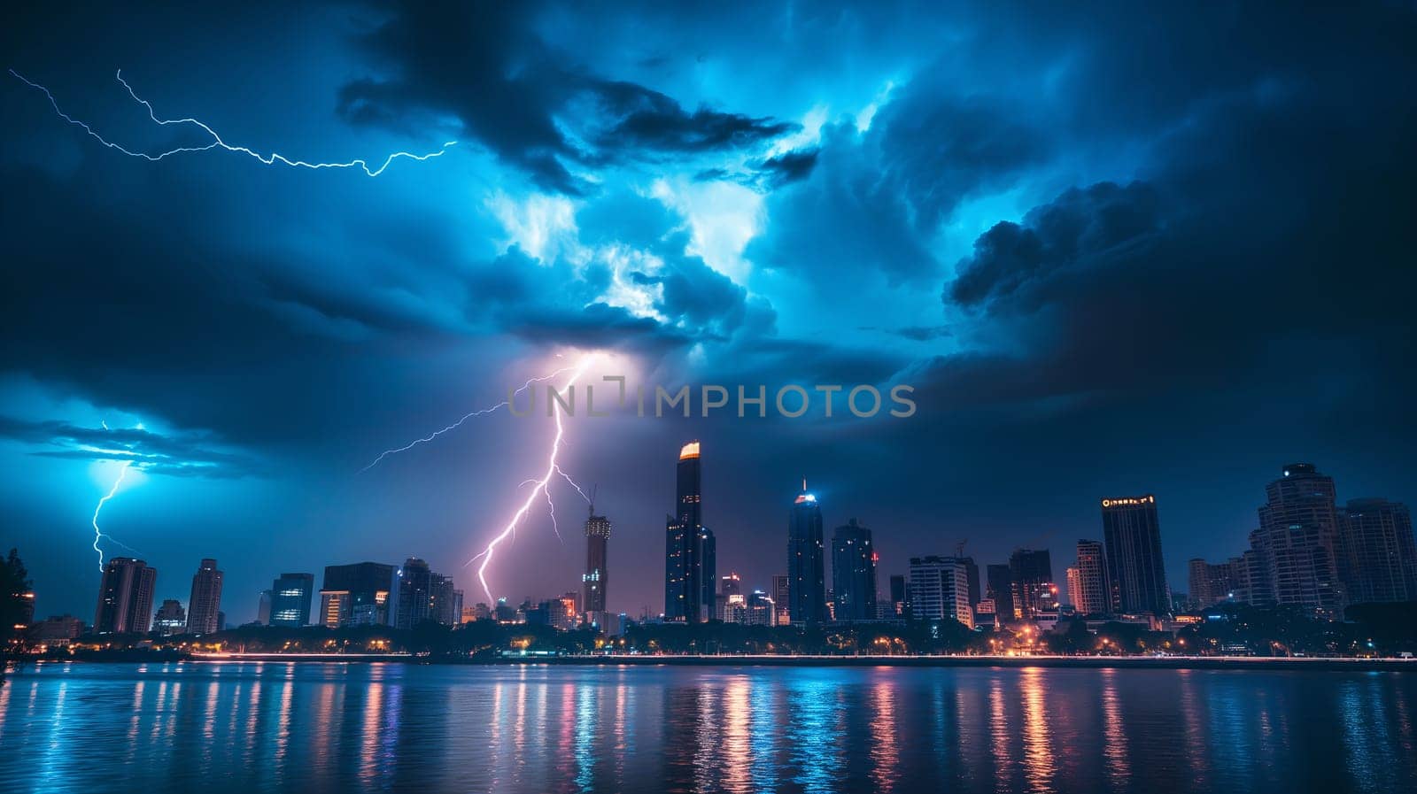 A city skyline is illuminated by lightning strikes during a stormy night, casting dramatic flashes of light against dark clouds - Generative AI