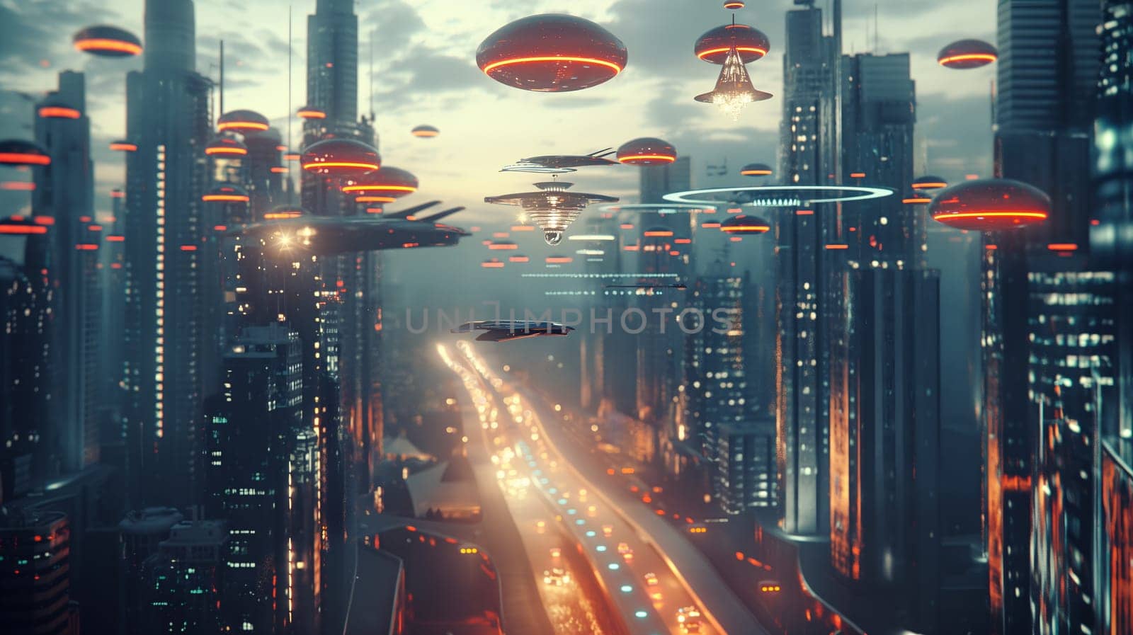 Futuristic City at Dusk With Flying Vehicles by chrisroll