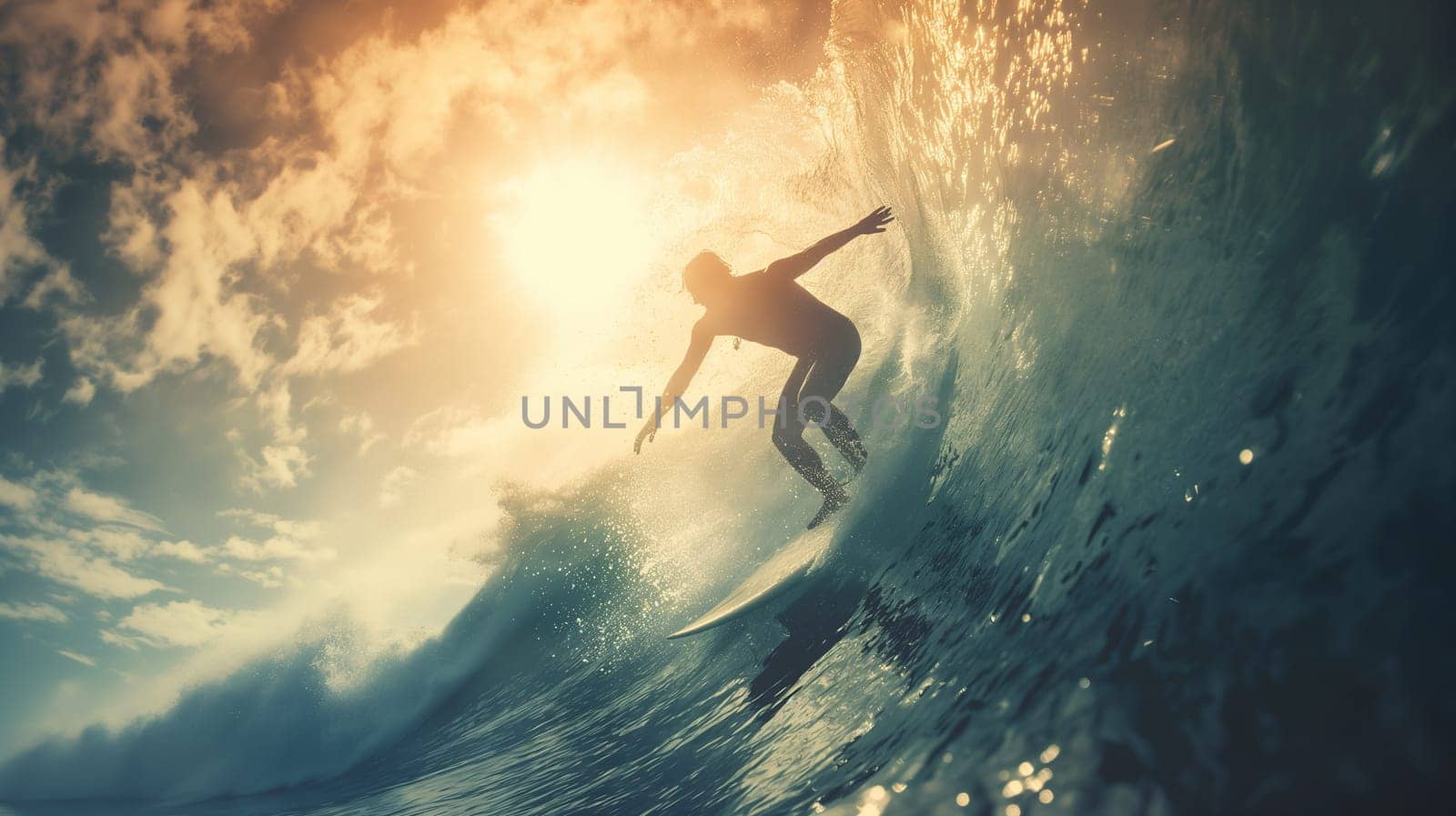 A silhouette of a surfer expertly rides a wave, basking in the warm glow of the setting sun that reflects off the ocean spray - Generative AI