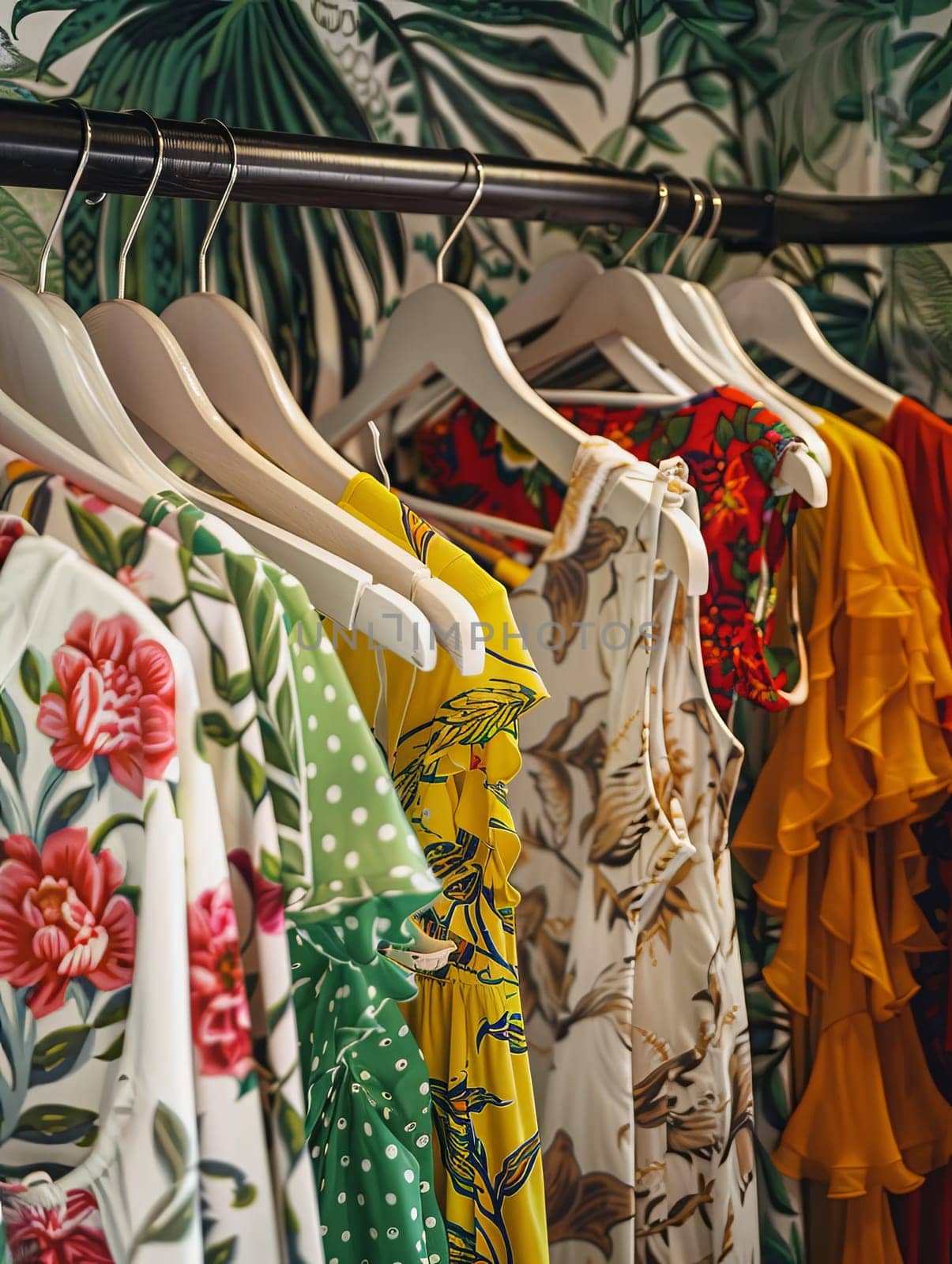 Colorful dresses and shirts hanging on display in a fashionable womens closet showroom.