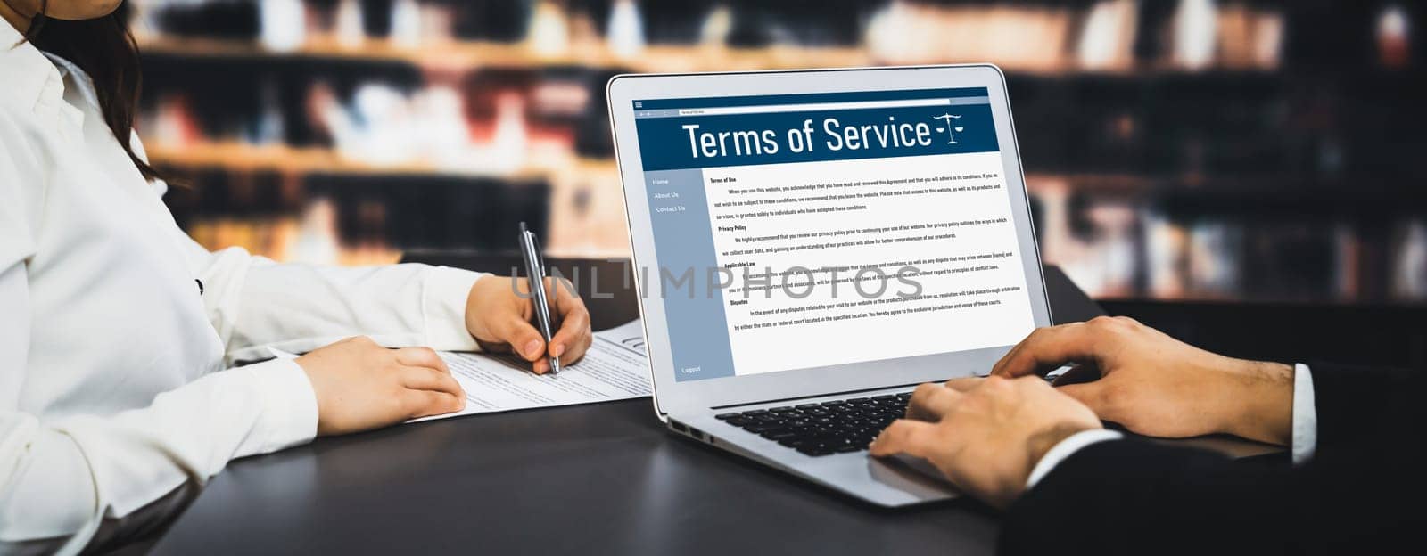 Online term of service conditions showing savvy rules and regulations in using the website on a laptop computer screen for users to make an agreement