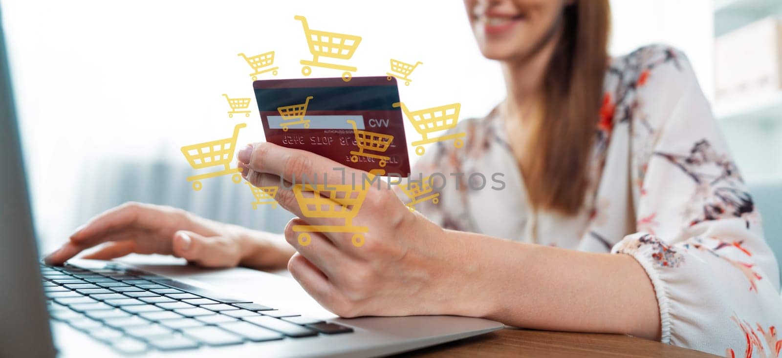 Consumer holding credit card typing laptop shopping online inventory. Cybercash. by biancoblue