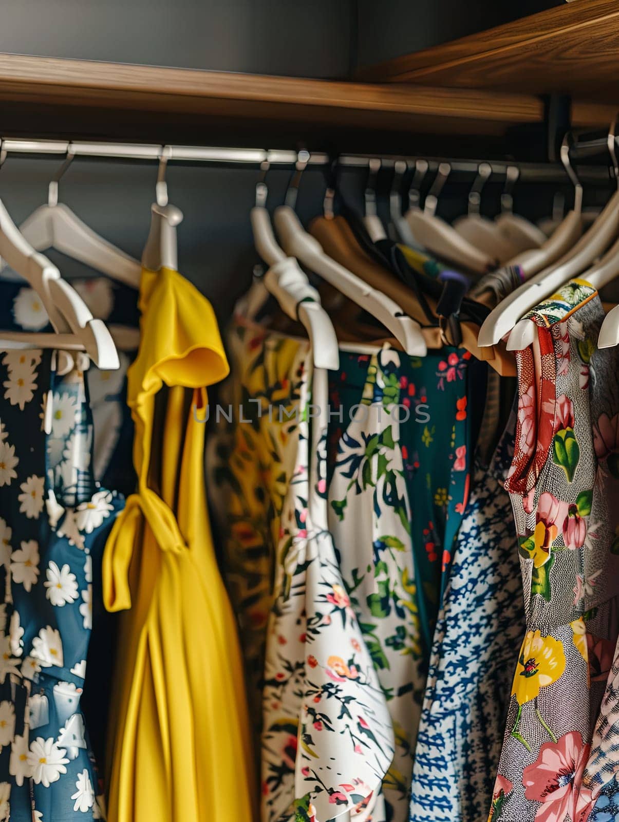 Various dresses and shirts hanging on a rack in a fashionable womens closet. Creative concept for a designer clothing store.